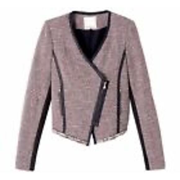 NWOT-$495 REBECCA TAYLOR Sz2 CUTAWAY LEATHER TRIM ASYMMETRIC TWEED JACKET RED CO - Picture 4 of 6